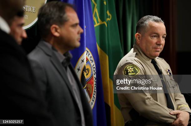 Los Angeles County Sheriff Alex Villanueva, right, and Congressman Mike Garcia, at left, at a news conference at the Hall of Justice in downtown Los...