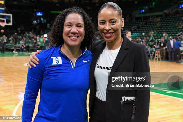 Head Coach Kara Lawson of the Duke Blue Devils and Allison Feaster of the Boston Celtics pose for a photo before Game 4 of the 2022 NBA Playoffs...
