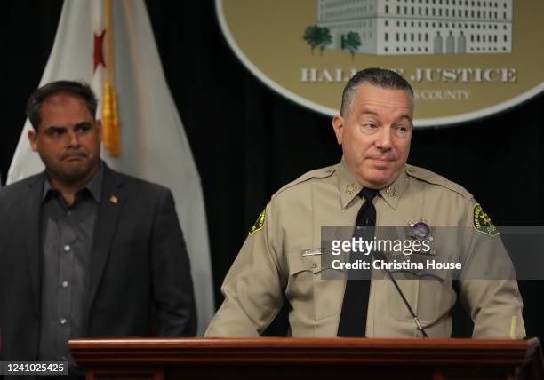 Los Angeles County Sheriff Alex Villanueva, right, and Congressman Mike Garcia, at left, at a news conference at the Hall of Justice in downtown Los...