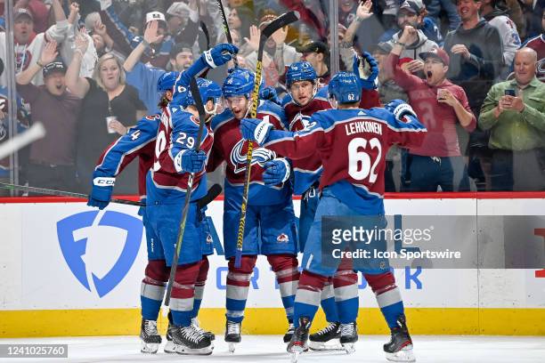 Colorado Avalanche players celebrate after a second period goal by right wing Mikko Rantanen during a Stanley Cup Playoffs Western Conference Finals...