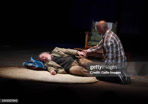 Actor John Kani and Michael Richard at the Premiere of Kunene And The King at The Mandela Joburg Theatre on May 29, 2022 in Johannesburg, South...