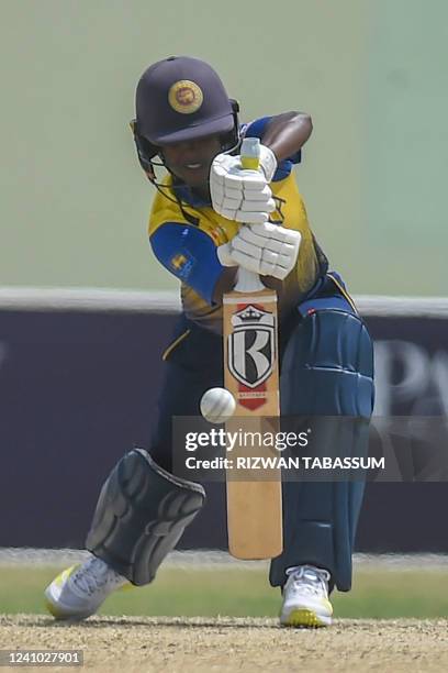 Sri Lanka's Hansima Karunaratne plays a shot during the first one day international womens cricket match between Pakistan and Sri Lanka at the...