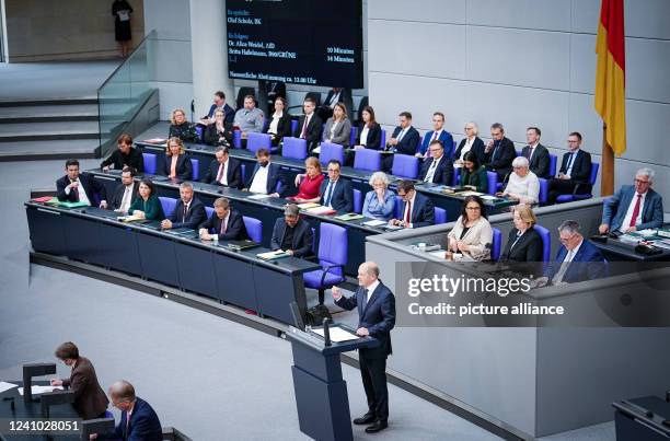 Chancellor Olaf Scholz speaks during the general debate of the budget week in the Bundestag. The Bundestag votes on the 2022 budget in second...