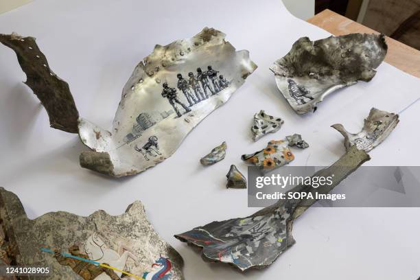 View of painted debris of rockets and fragments of missiles shot down in the Lviv region during the Russia-Ukraine war. The painted debris will be...