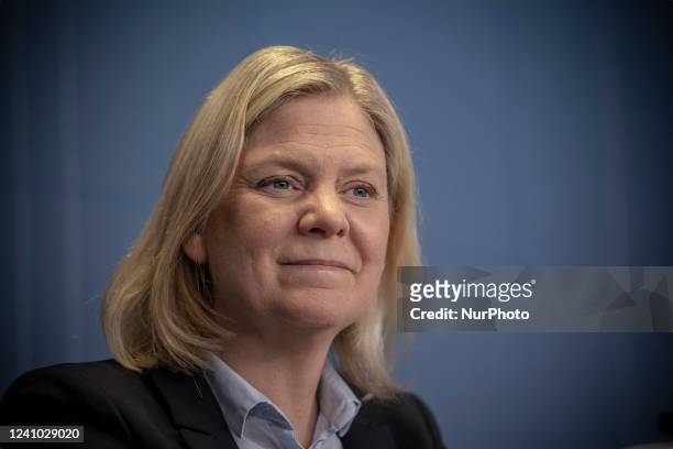 Magdalena Andersson Prime Minister of Sweden talks at a press conference to the media after the end of the 2-day extraordinary special EU summit...