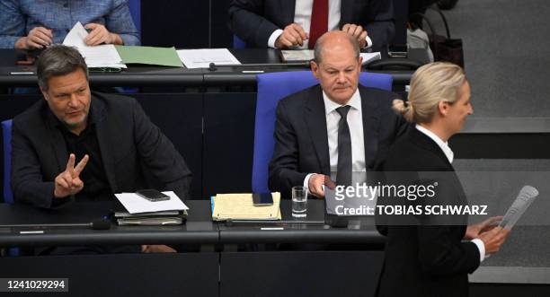 German Minister of Economics and Climate Protection Robert Habeck gestures as Alice Weidel , parliamentary group co-leader of the far-right...
