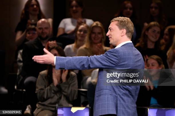 Morten Messerschmidt, leader of the The Danish People's Party, participates in a party leader debate on Danish television in Copenhagen, Denmark on...