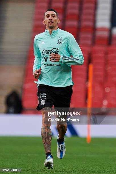 Angel Di Maria of Argentina during the Argentina Training Session at Wembley Stadium on May 31, 2022 in London, England.