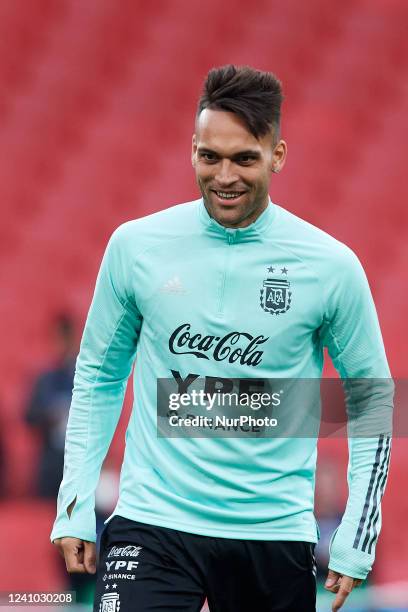 Lautaro Martinez of Argentina during the Argentina Training Session at Wembley Stadium on May 31, 2022 in London, England.