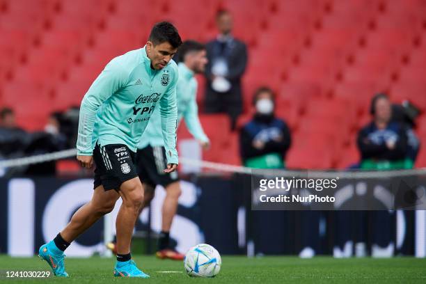 Marcos Acuña of Argentina during the Argentina Training Session at Wembley Stadium on May 31, 2022 in London, England.