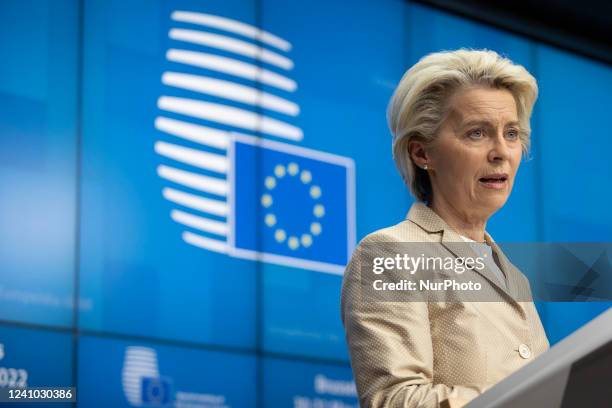 Ursula von der Leyen President of the European Commission held a press conference with Charles Michel President of the European Council while...