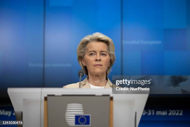 Ursula von der Leyen President of the European Commission held a press conference with Charles Michel President of the European Council while...