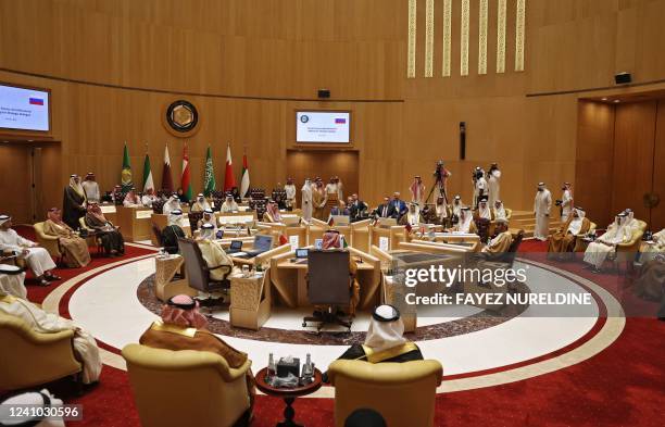 Russian Foreign Minister Sergei Lavrov and his Gulf counterparts attend the Gulf Cooperation Council meeting, in the Saudi capital Riyadh, on June 1,...