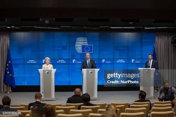 Ursula von der Leyen President of the European Commission held a press conference with Charles Michel President of the European Council while...