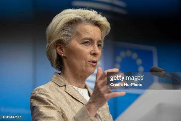 Ursula von der Leyen President of the European Commission held a press conference with Charles Michel President of the European Council while...