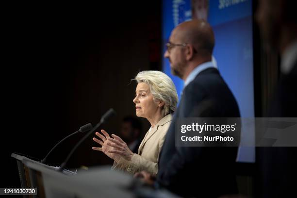 Ursula von der Leyen President of the European Commission held a press conference with Charles Michel President of the European Council while...