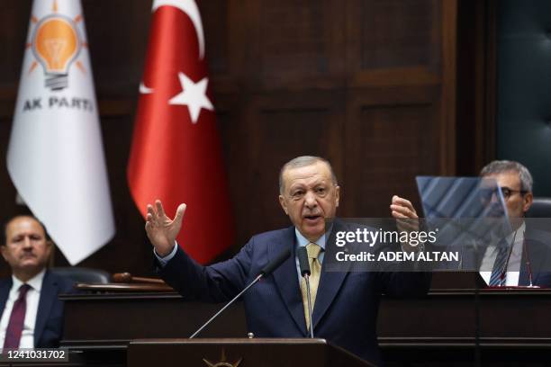 Turkish President and leader of the Justice and Development Party Recep Tayyip Erdogan delivers a speech during his partys parliamentary group...