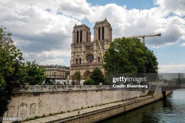 Restoration works at the Notre Dame Cathedral in Paris, France, on Tuesday, May 31, 2022. Paris tourism is bouncing back to take in the sights that...