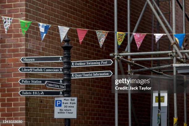 Bunting hangs across a street ahead of the Platinum Jubilee of Queen Elizabeth II on June 1, 2022 in Beccles, England. The people of Beccles, Suffolk...