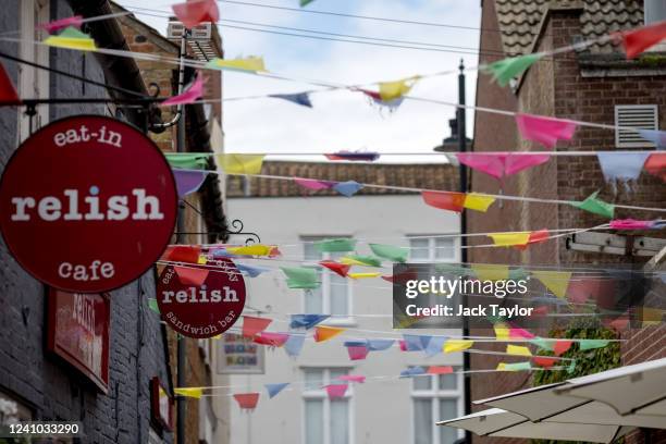 Bunting hangs across a street ahead of the Platinum Jubilee of Queen Elizabeth II on June 1, 2022 in Beccles, England. The people of Beccles, Suffolk...