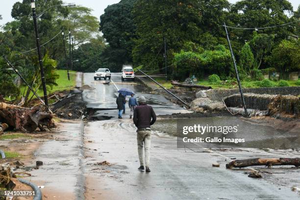 Caversham road in Pinetown on May 22, 2022 in Durban, South Africa. It is reported that roads, cars and buildings have been flooded and washed away...