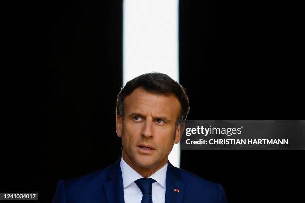 France's President Emmanuel Macron looks on during a tribute ceremony to late Françoise Rudetzki, head of SOS Attentats association for victims of...