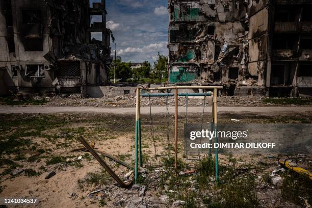 This photograph shows a playground and a destroyed apartment building in the town of Borodyanka on June 1 amid the Russian invasion of Ukraine.
