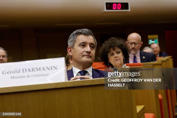 France's Interior Minister Gerald Darmanin sits before the start of his hearing, along with Sports Minister, before French Senate Law and Culture...