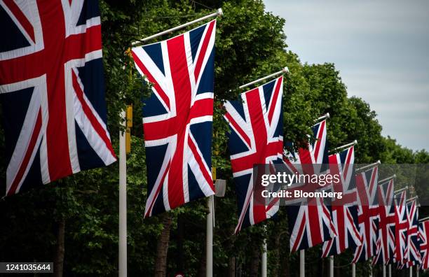 British Union flags line the Mall ahead of the Queen's Platinum Jubilee celebrations in central London, UK, on Wednesday, June 1, 2022. The bank...