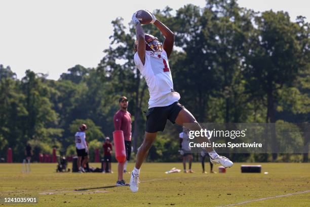 Jahan Dotson of the Washington Commanders makes a catch during the Washington Commanders OTA on June 1, 2022 at the Park in Ashburn, Virginia.