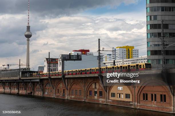 Bahn underground train, operated by Berlin Transport Co. , travels along an elevated track in Berlin, Germany, on Wednesday, June 1, 2022. To reduce...