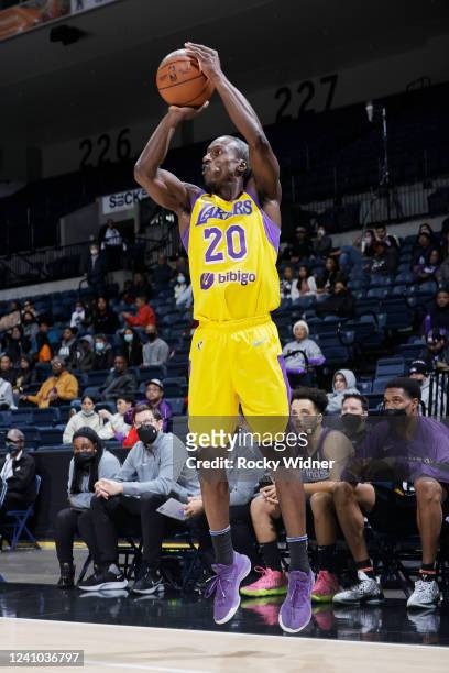 Andre Ingram of the South Bay Lakers shoots a three point basket during the game against the Stockton Kings on December 11, 2021at Stockton Arena in...