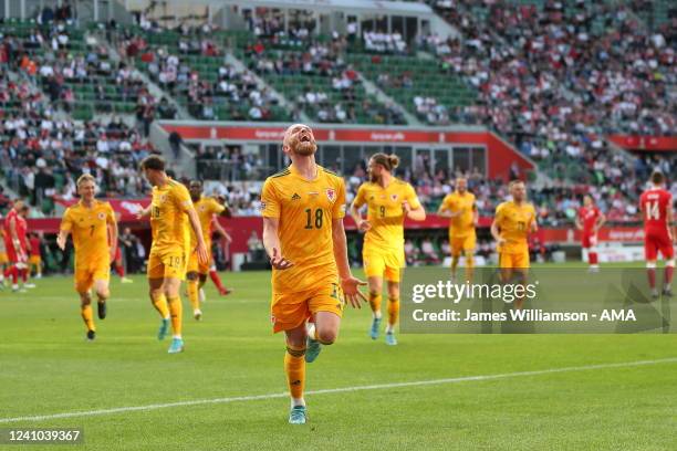 Jonny Williams of Wales celebrates after scoring a goal to make it 0-1 during the UEFA Nations League League A Group 4 match between Poland and Wales...