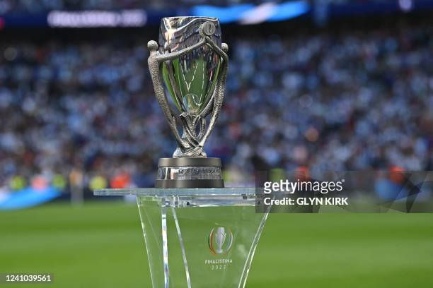 The Finalissima trophy sits pitch-side ahead of the 'Finalissima' International friendly football match between Italy and Argentina at Wembley...