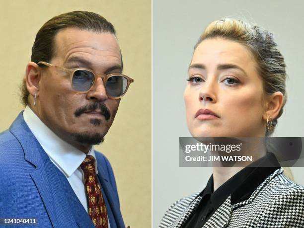 This combination of pictures created on June 1, 2022 shows US Actor Johnny Depp attending the trial at the Fairfax County Circuit Courthouse in...