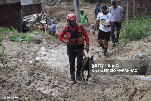 Firefighter with a sniffer dog searches for victims of a landslide in the community of Bola de Ouro, city of Jaboatao dos Guararapes, Pernambuco...