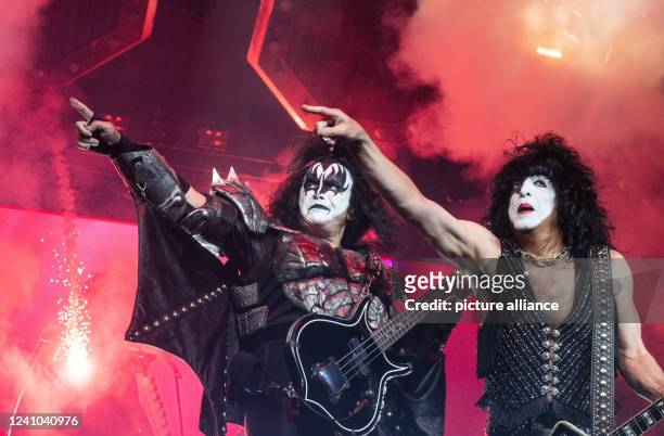 June 2022, North Rhine-Westphalia, Dortmund: Gene Simmons and Paul Stanley of U.S. Hard rock band Kiss are on stage at the band's European tour...