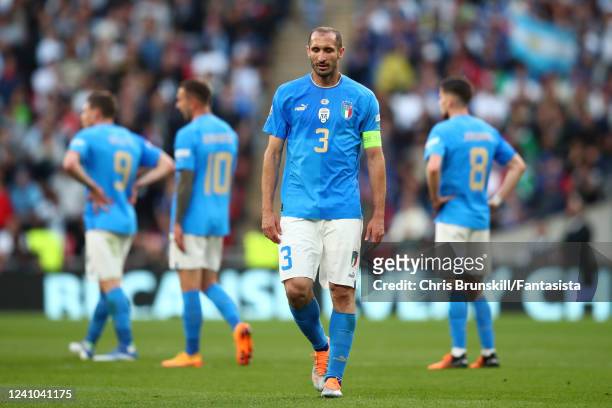 Giorgio Chiellini of Italy reacts after Lautaro Martinez of Argentina scored a goal to make the score 0-1 during the 2022 Finalissima match between...