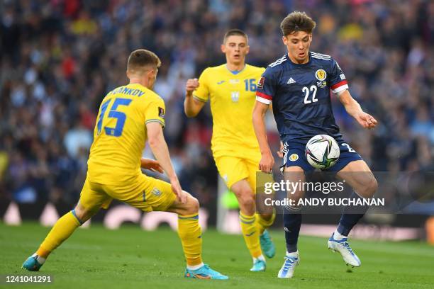 Ukraine's midfielder Viktor Tsygankov vies with Scotland's defender Aaron Hickey during the FIFA World Cup 2022 play-off semi-final qualifier...