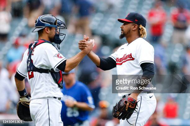 Luke Maile and Emmanuel Clase of the Cleveland Guardians celebrate a 4-0 win against the Kansas City Royals at Progressive Field on June 01, 2022 in...