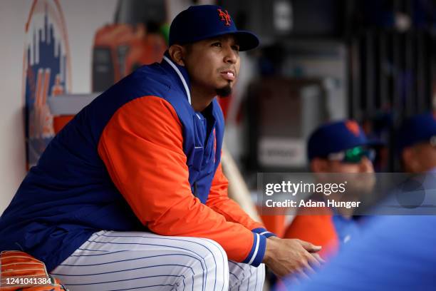 Carlos Carrasco of the New York Mets looks on from the dugout during the fifth inning against the Washington Nationals at Citi Field on June 1, 2022...