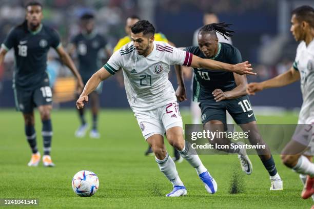 Mexico forward Henry Martin dribbles up field during the international soccer match between Mexico and Nigeria on May 28, 2022 at AT&T Stadium in...