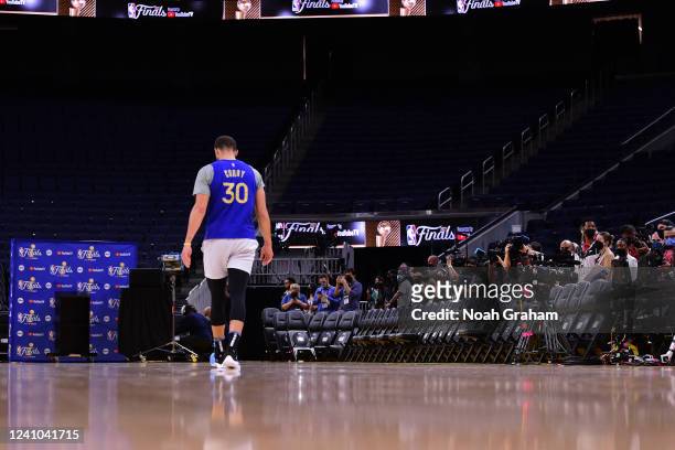 Stephen Curry of the Golden State Warriors walks off the court during 2022 NBA Finals Practice and Media Availability on June 1, 2022 at Chase Center...