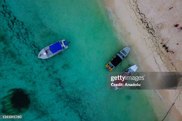 May 21: An aerial view of boats and beach in San Andres Island, Colombia on May 21, 2022. After 2 years of efforts to contain the Covid-19 pandemic,...