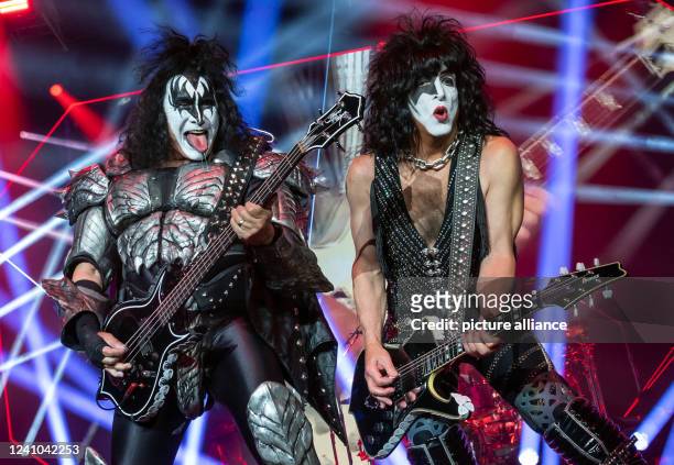 June 2022, North Rhine-Westphalia, Dortmund: Gene Simmons and Paul Stanley of U.S. Hard rock band Kiss take the stage at the band's European tour...