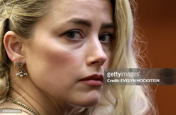 Actress Amber Heard waits before the jury announced a split verdict in favor of both Johnny Depp and Amber Heard on their claim and counter-claim in...