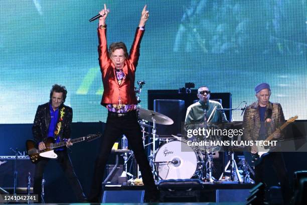 Members of the Rolling Stones Ronnie Wood, Mick Jagger, Steve Jordan and Keith Richards play during their concert as part of their European tour, in...