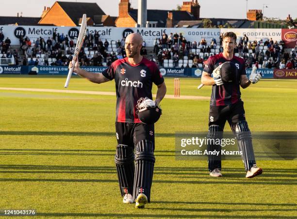 Chris Lynn of Northamptonshire Steelbacks acknowledges the applause received at the end of his innings of 106 runs not out during the Vitality T20...