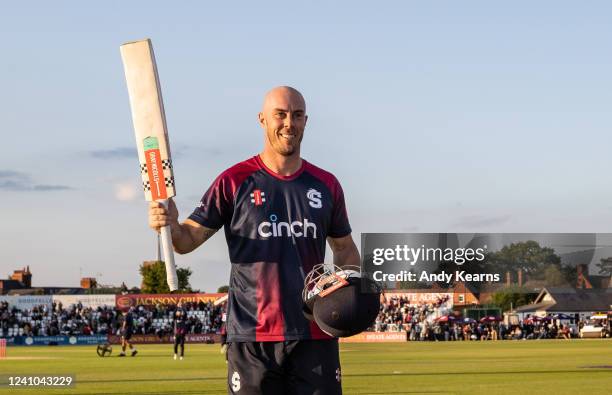 Chris Lynn of Northamptonshire Steelbacks acknowledges the applause received at the end of his innings of 106 runs not out during the Vitality T20...