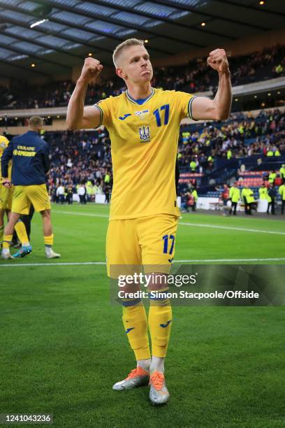 Oleksandr Zinchenko of Ukraine celebrates victory after the FIFA World Cup Qualifier Play-Off Semi-Final match between Scotland and Ukraine at...